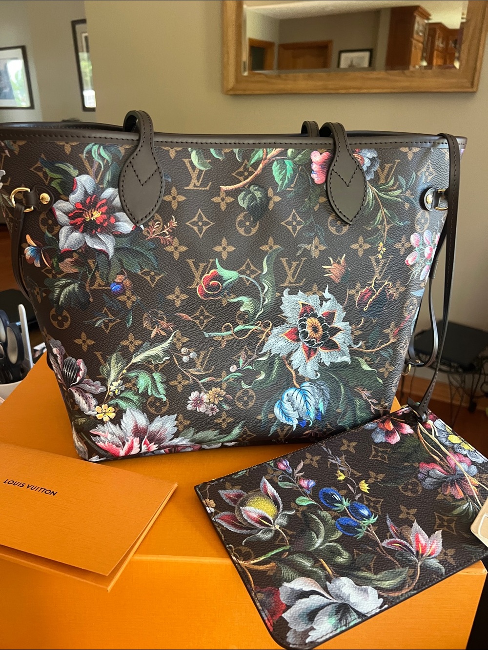 M:28918-Louis Vuitton Brown Floral Monogram Neverfull MM with Multicolor Accents - Picture 3 of 6